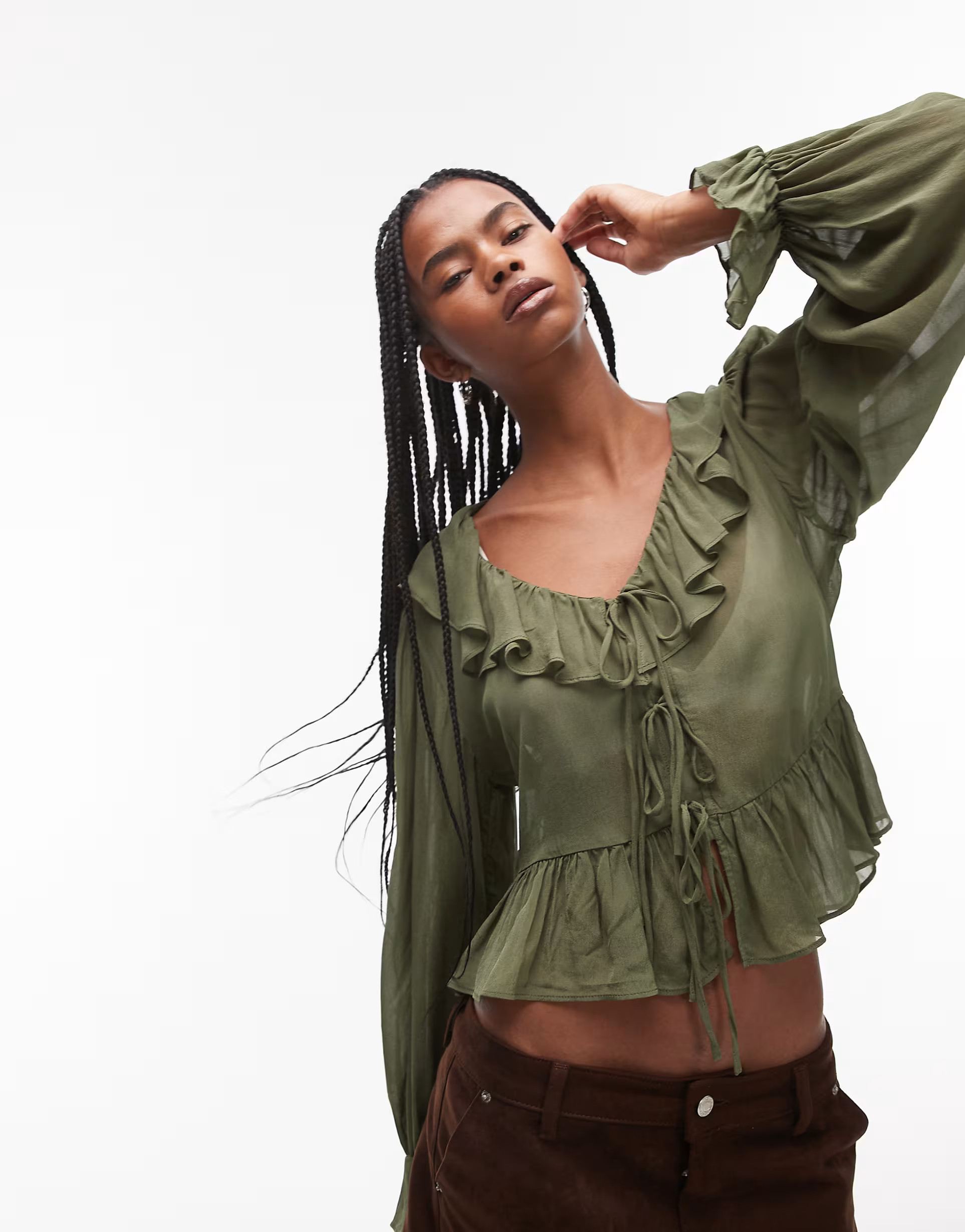 Mango ruffle tie front top in dark green | ASOS (Global)