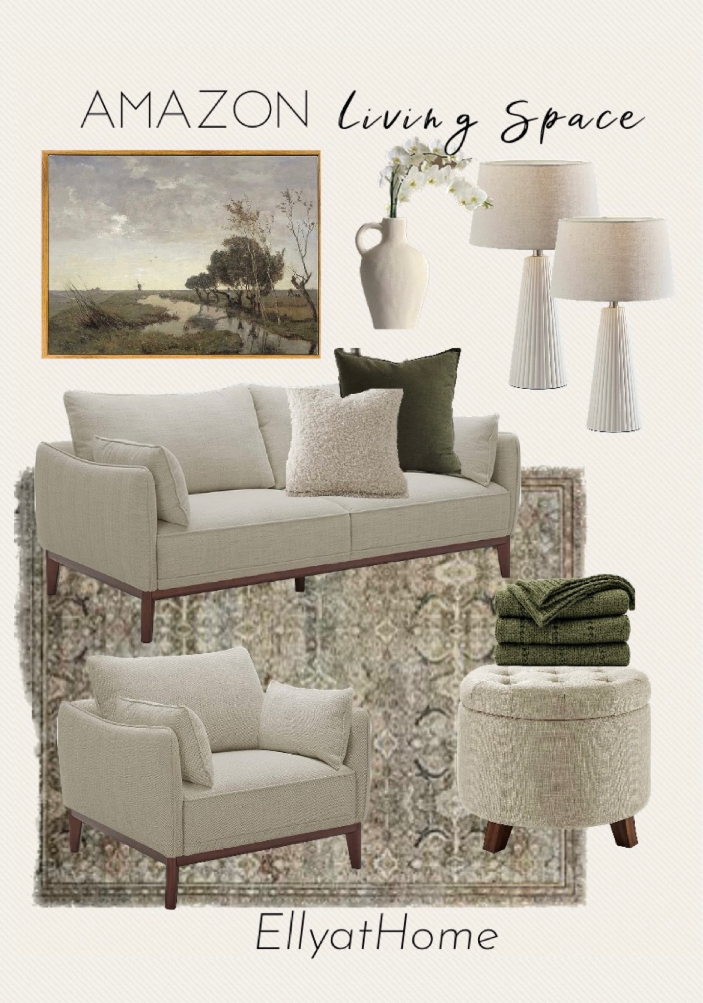 Amazon home living space. Neutral sofa, side chair, ottoman, textured area rug, cozy and comfy green and neutral throw pillows, blankets, neutral table lamp set, vase, artwork. Home decor accessories, interior design. 

#LTKhome #LTKsalealert #LTKfindsunder50