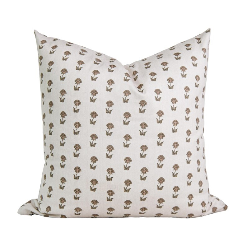 Floral Block Print Pillow Cover • Floral Throw Pillow • 20x20 Accent Pillow • Neutral Block... | Etsy (US)