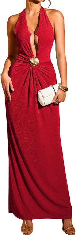Women's Sexy Backless Evening Gown - Elegant Deep V Halter Maxi Dress with Cinched Waist for Form... | Amazon (US)