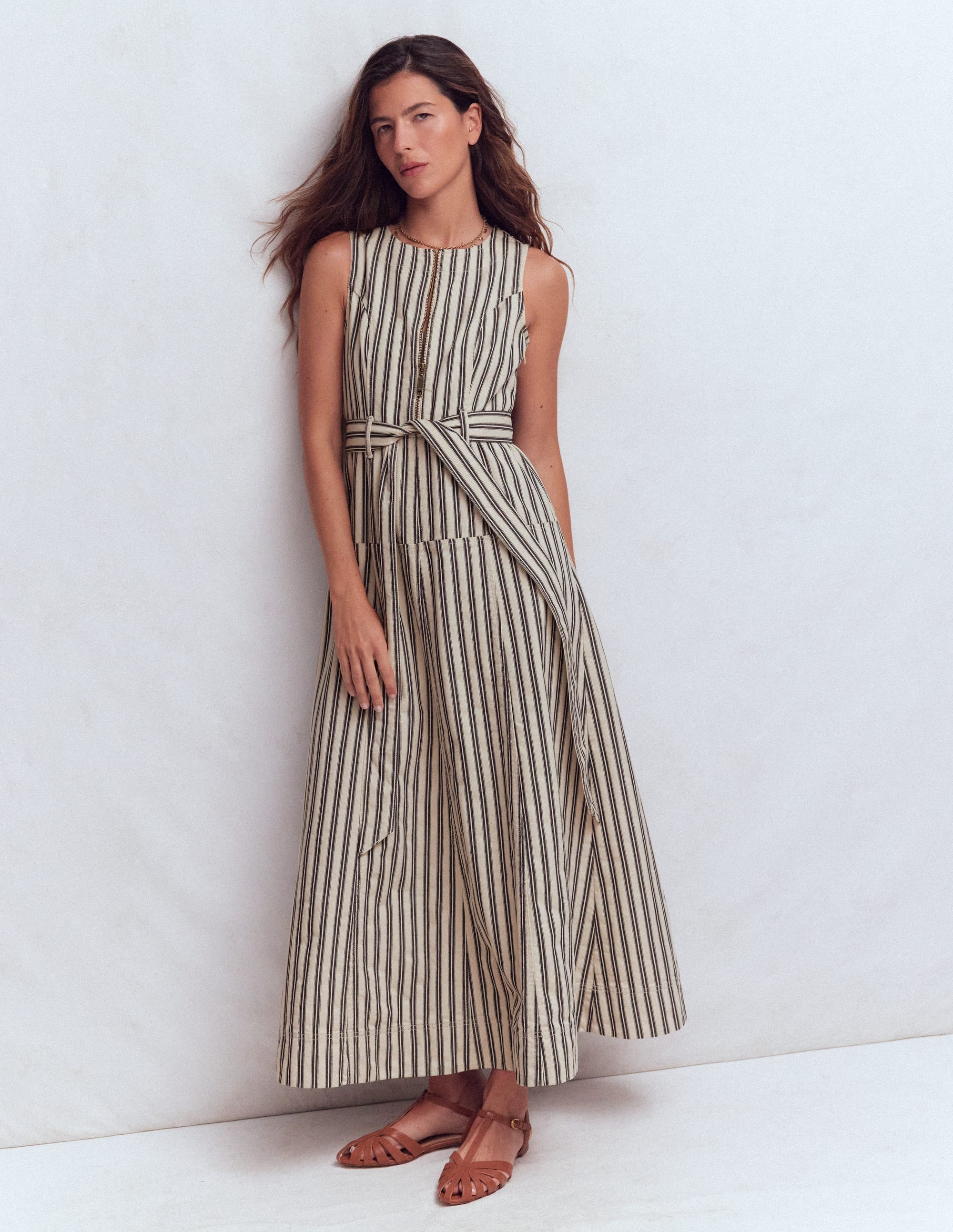 Sleeveless Zip Denim Dress-Ivory and Navy Stripe | Boden (US)