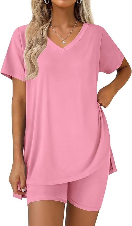 Ekouaer Pajamas for Womens Set 2 Piece Lounge Set Lightweight Summer Pjs Biker Shorts Sets V-Neck... | Amazon (US)