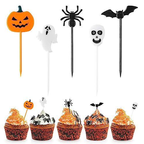 GlyinnHe 50PCS Halloween Picks Cupcake Toppers Plastic Halloween Toothpicks Halloween Cupcake Food Cocktail Appetizer Picks for Halloween Baby Shower Birthday Wedding Party Supply | Amazon (US)
