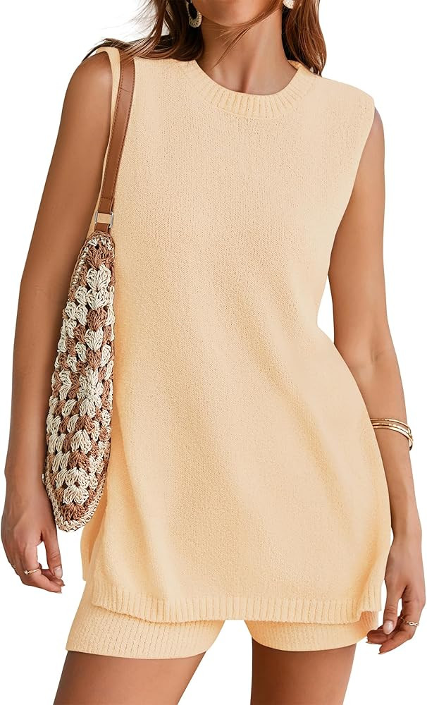 ZESICA Women's Summer Two Piece Sweater Lounge Sets 2024 Casual Knit Trendy Tunic and Shorts Outf... | Amazon (US)