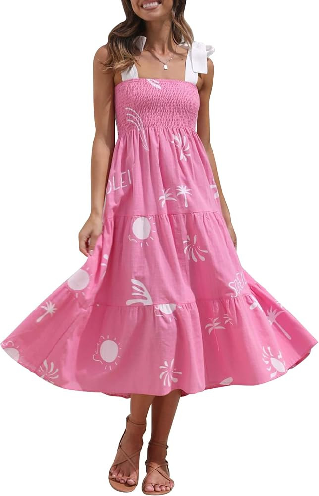 ebossy Women's Cute Graphic Tied Smocked Boho Midi Dress Casual Y2K Spaghetti Strap Swing Ruffled... | Amazon (US)