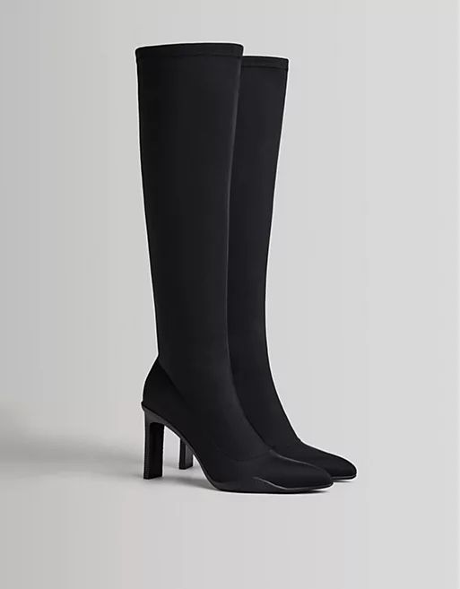 Bershka scuba knee high pointed heeled boot in black | ASOS (Global)