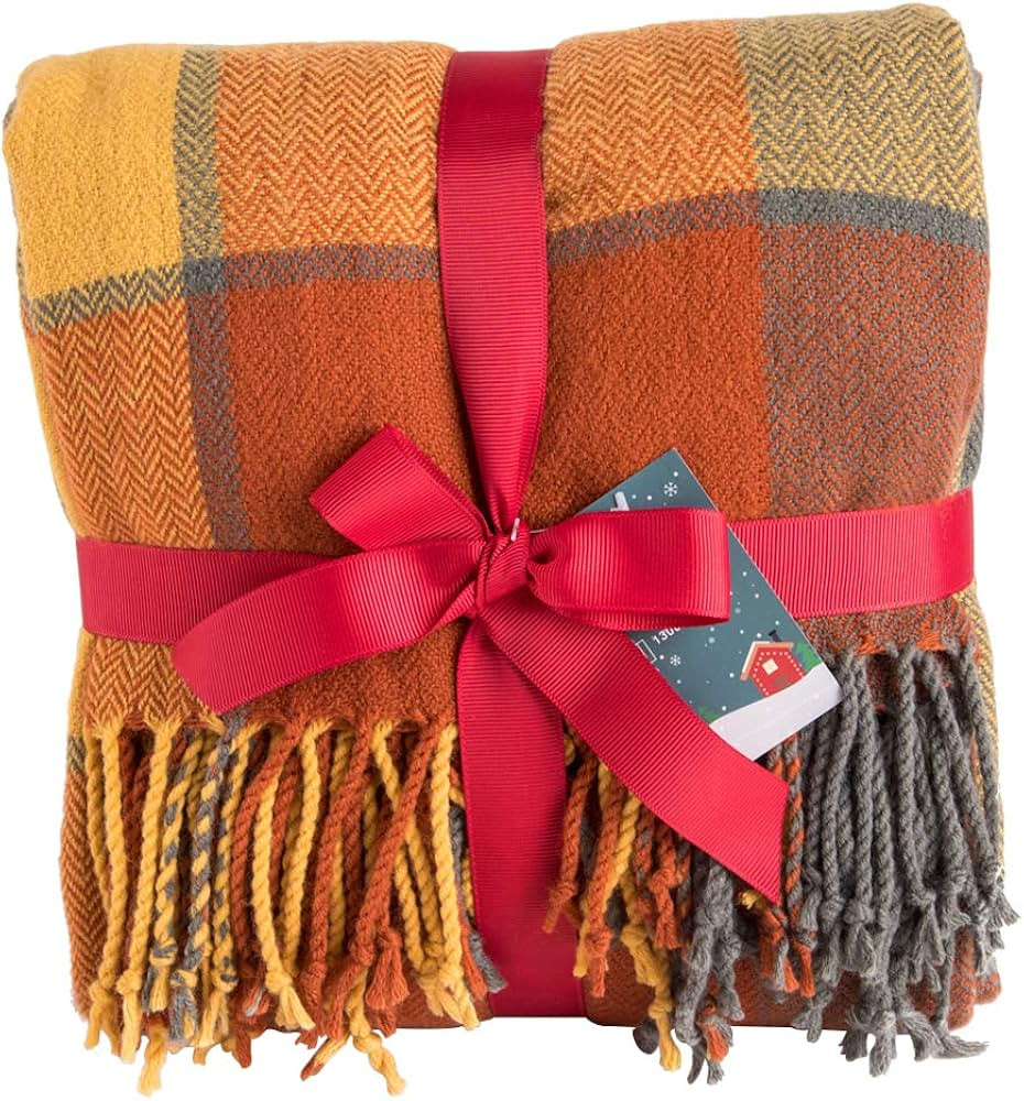 Orange Plaid Blanket Throw Acrylic Soft Reversible Dyed Fringed Bed Blanket for Christmas Decorat... | Amazon (US)
