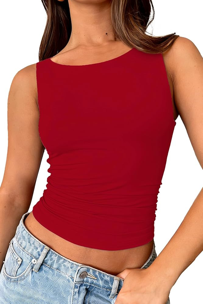 Womens Boat Neck Tank Tops Going Out Ruched Double Lined Crop Tank Top Sleeveless Slim Fit Y2k Su... | Amazon (US)