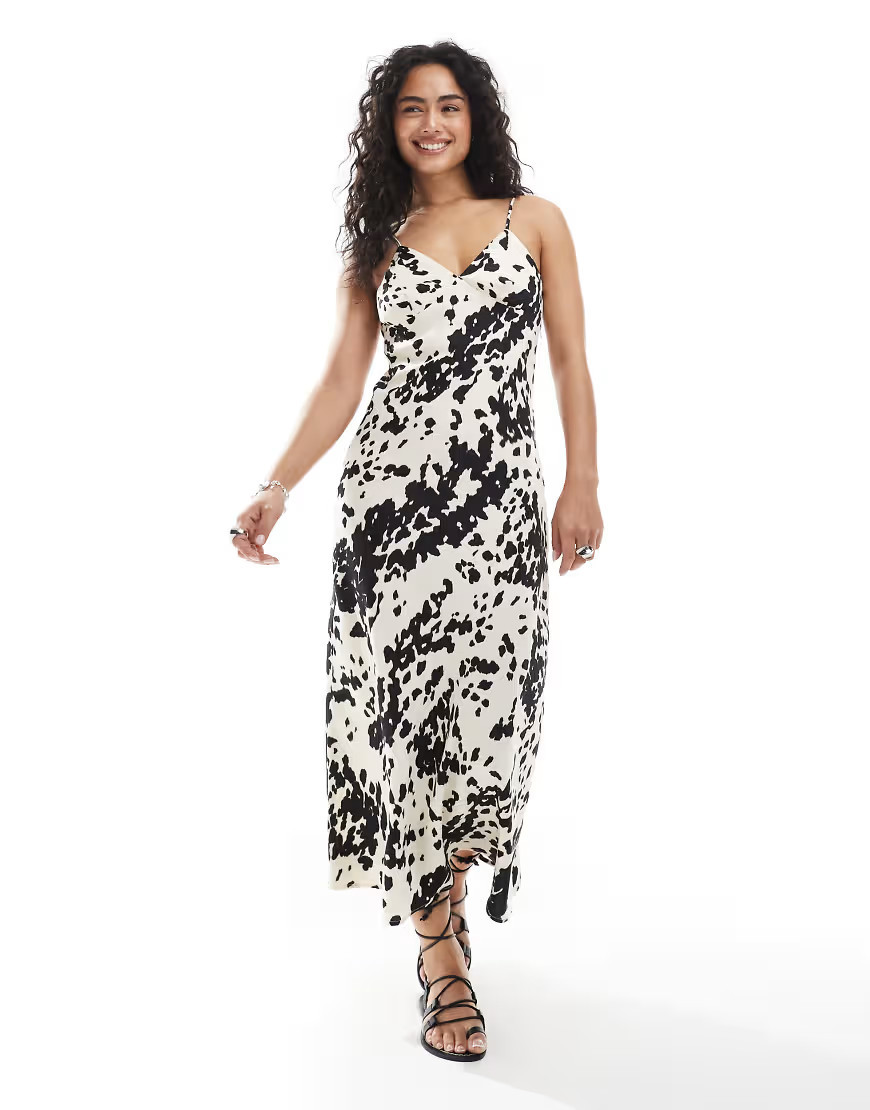 JJXX satin maxi dress with cow print in multi | ASOS (Global)