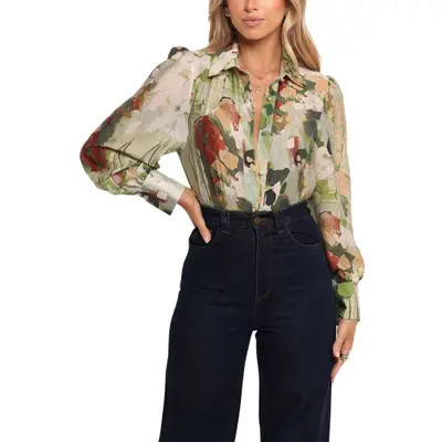 Petal & Pup Allise Floral Print Cotton Blend Button-Up Shirt in Green at Nordstrom, Size Small | Nordstrom