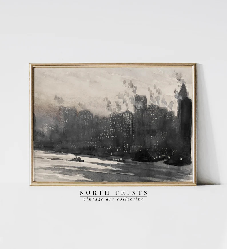Vintage New York Skyline Watercolor  Dark Moody Tonal - Etsy | Etsy (US)