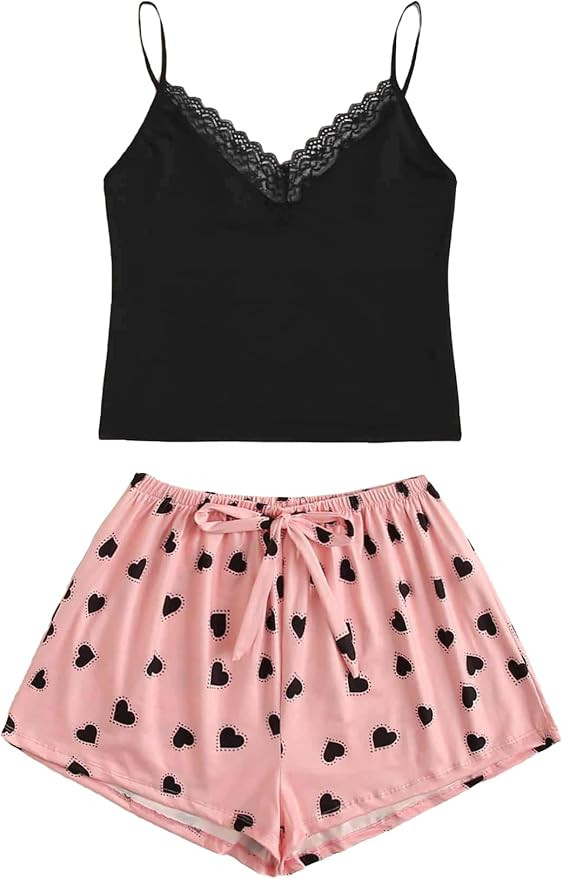 SweatyRocks Women's Sleepwear Set Heart Print Cami Top and Elastic Waist Short Pajama Set | Amazon (US)