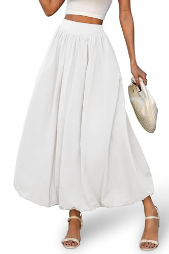 ELLEVEN Womens Bubble Maxi Long Skirt with Pockets Flowy Puffy Hem Elastic Waist Casual Lightweight Balloon Skirt Y2k Elegant Ruffle A-Line Classic Skirt Autumn Fall Winter White Large | Amazon (US)