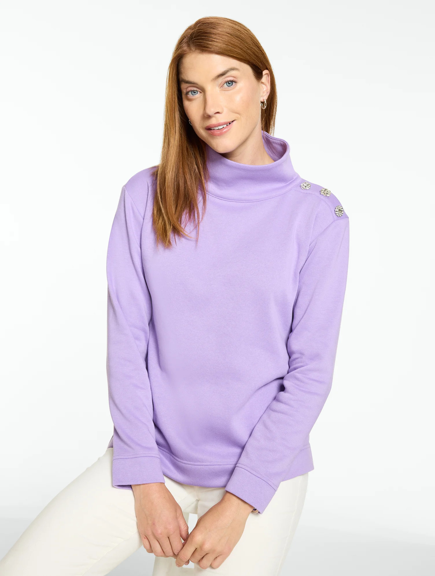 Petite - Mixed Button Mockneck Sweatshirt - Passionflower - Medium Talbots | Talbots
