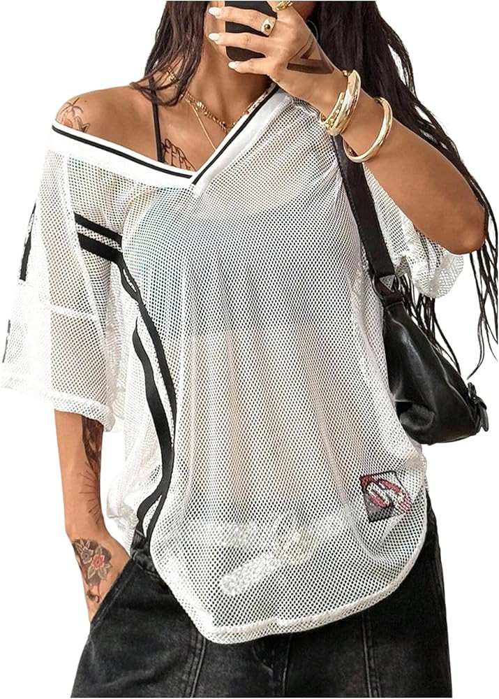 Women's Y2K Jersey Shirts Striped Sheer Mesh Crop Top See Through V Neck Short Sleeve Sports Tees... | Amazon (US)