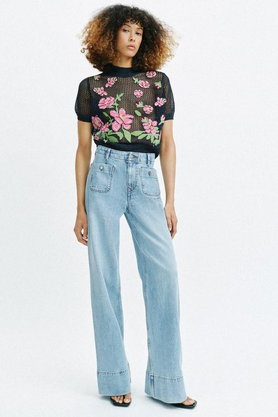 FLORAL EMBROIDERED KNIT TOP | Zara US