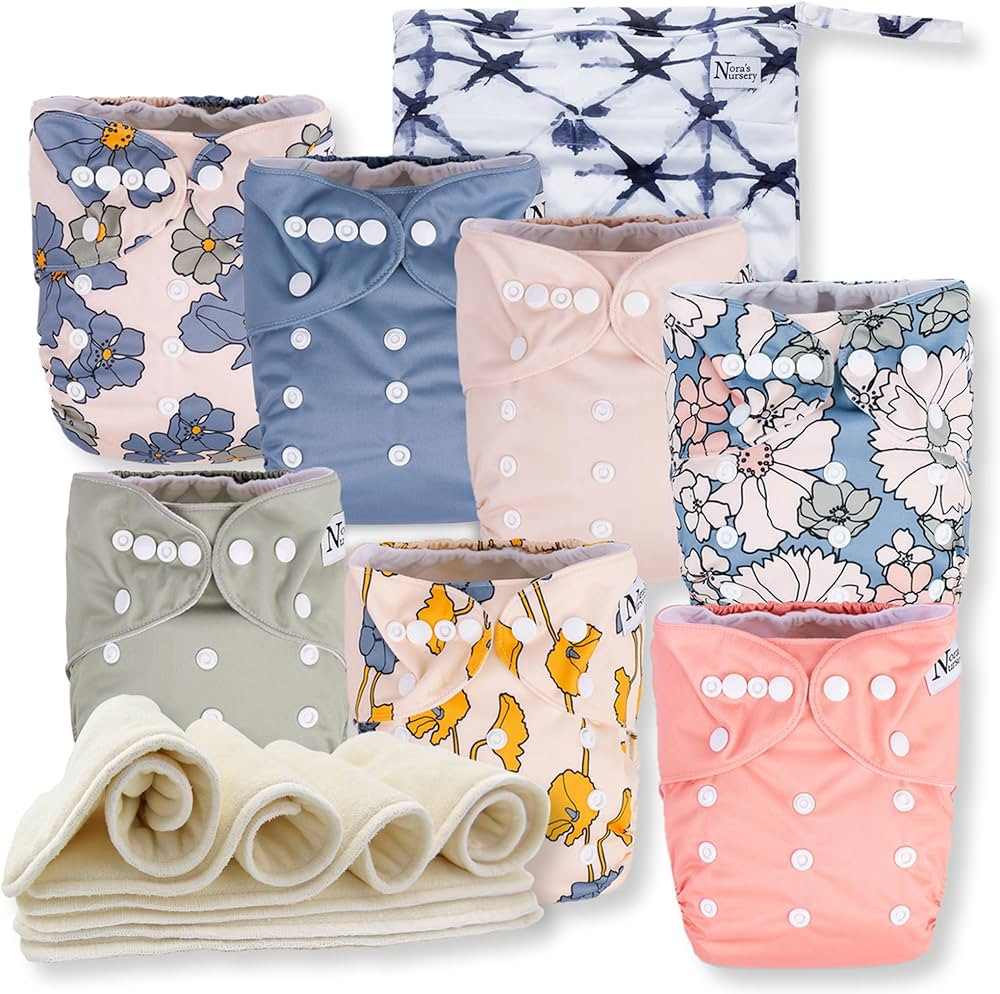 Nora's Nursery Cloth Diapers 7 Pack with 7 Inserts & 1 Wet Bag - Waterproof Cover, Washable, Reus... | Amazon (US)