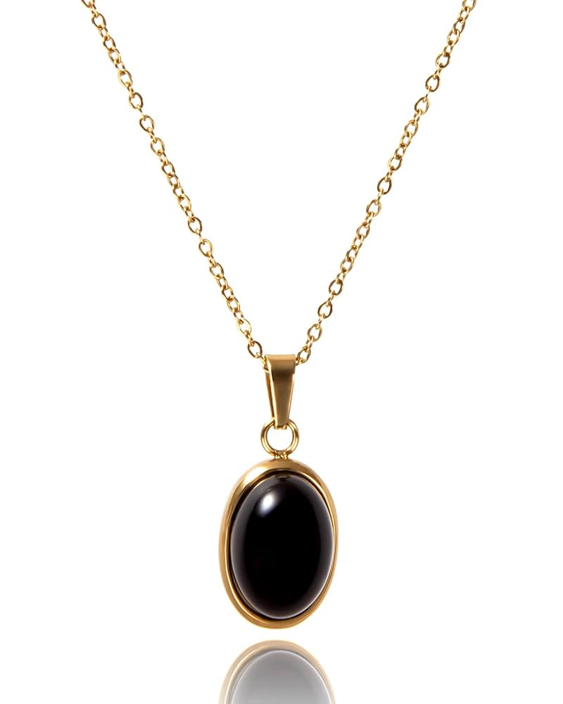 16" Handmade 18K gold Vintage Black Onyx Pendant Necklace, Oval black glaze energy healing crysta... | Amazon (US)