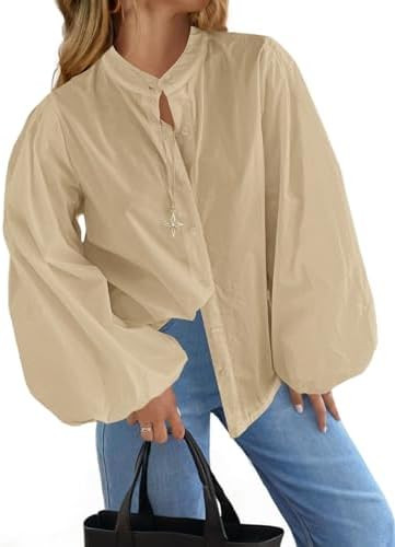 Tankaneo Womens Lantern Sleeve Button Down Shirts Oversized Mock Neck Blouse Trendy Casual Loose ... | Amazon (US)