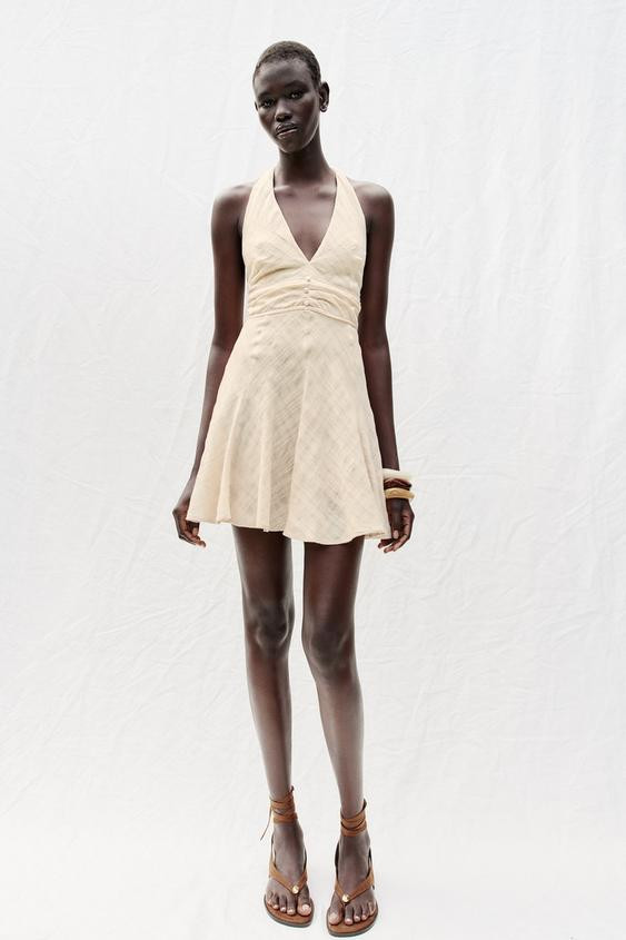 Zara - Rustic Halter Neck Mini Dress - Mid-Ecru - Xs - Woman | Zara UK