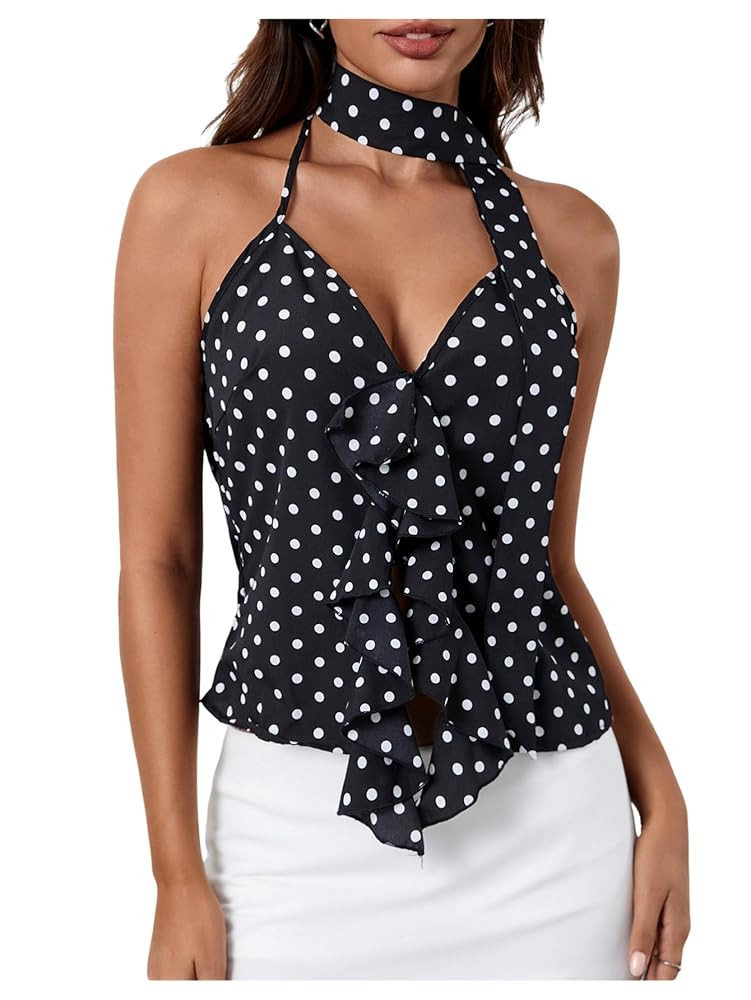 MakeMeChic Women's Polka Dots Halter Top Ruffle Backless Going Out Top with Scarf | Amazon (US)