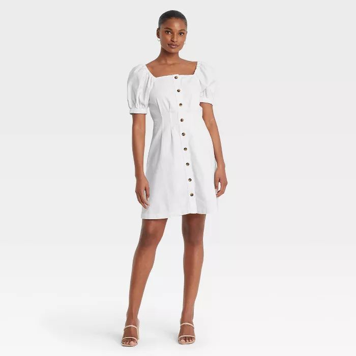 Women's Puff Short Sleeve Denim Dress - Who What Wear™ Bright White | Target