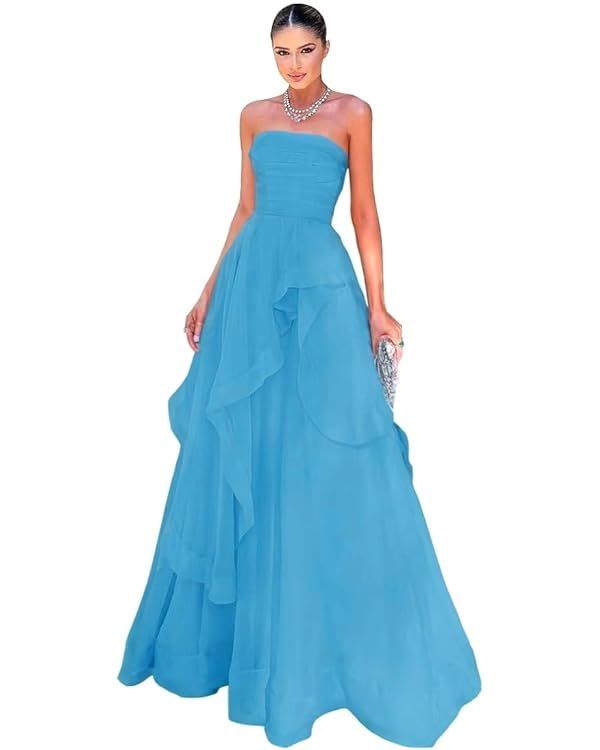 Strapless Layered Ruffles Tulle Formal Prom Dresses 2024 Long A-Line Pleated Tube Evening Party G... | Amazon (US)