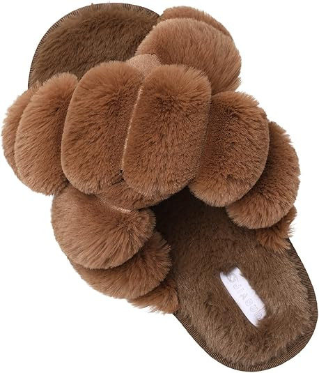 JIASUQI Women's Open Toe Slippers Fuzzy Fluffy House Slippers for Women Cozy Criss Cross Furry Sl... | Amazon (US)