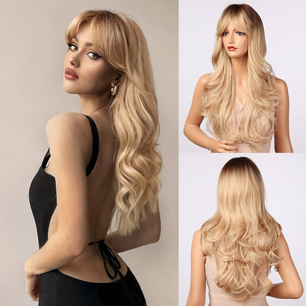 Honygebia Blonde Wig with Bangs - Long Wavy Ombre Curtain Bang Wigs for White Women, Light Ash Bl... | Amazon (US)