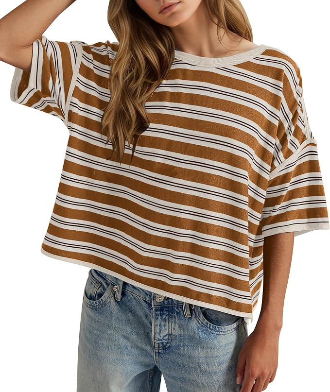 MISSACTIVER Striped Short Sleeve Shirts for Women Color Block Crew Neck Oversized Tshirts Casual ... | Amazon (US)