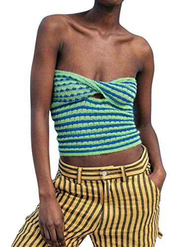 Meladyan Women Twist Front Striped Cutout Knitted Crop Tube Top Bandage Strapless Sleeveless Bandeau Cropped Shirt (Small, Mint Green Blue) | Amazon (US)