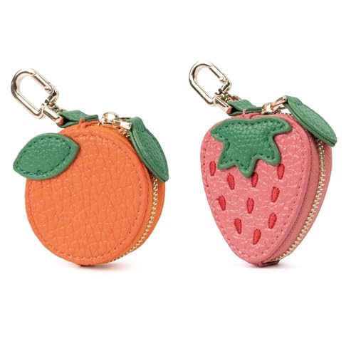 2 PCS Cute Fruit Coin Purse Bag Charm,Mini Leather Coin Change Purse & Pouch Holder Keychain Charm for Handbag Tote Wallet Airtag Accessories,Fruit Bag Charms for Girl Women(Orange+Strawberry) | Amazon (US)