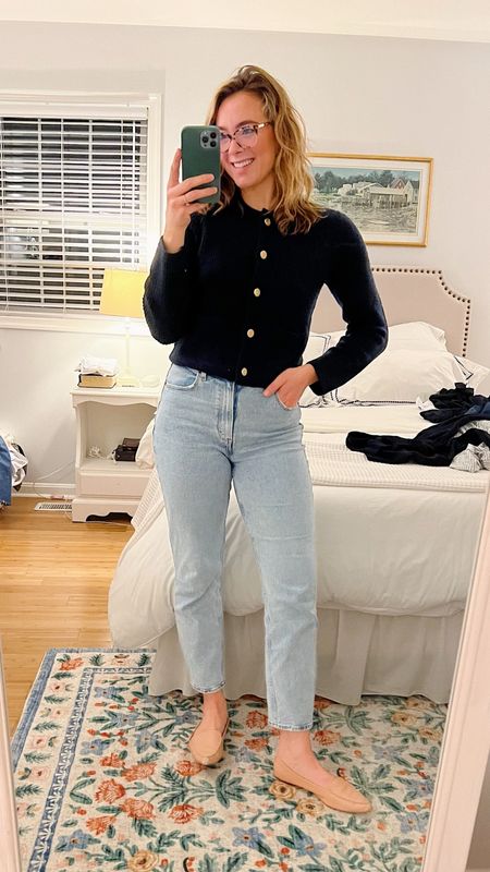 Think I found my favorite jeans!! Sized down - wearing a 28 long (curve love). Also, love this navy blue cardigan, the gold button detail is timeless. Wearing a size medium! Classic style / mom style / winter outfit / lady jacket dupe / sale alert 

#LTKfindsunder100 #LTKstyletip #LTKsalealert