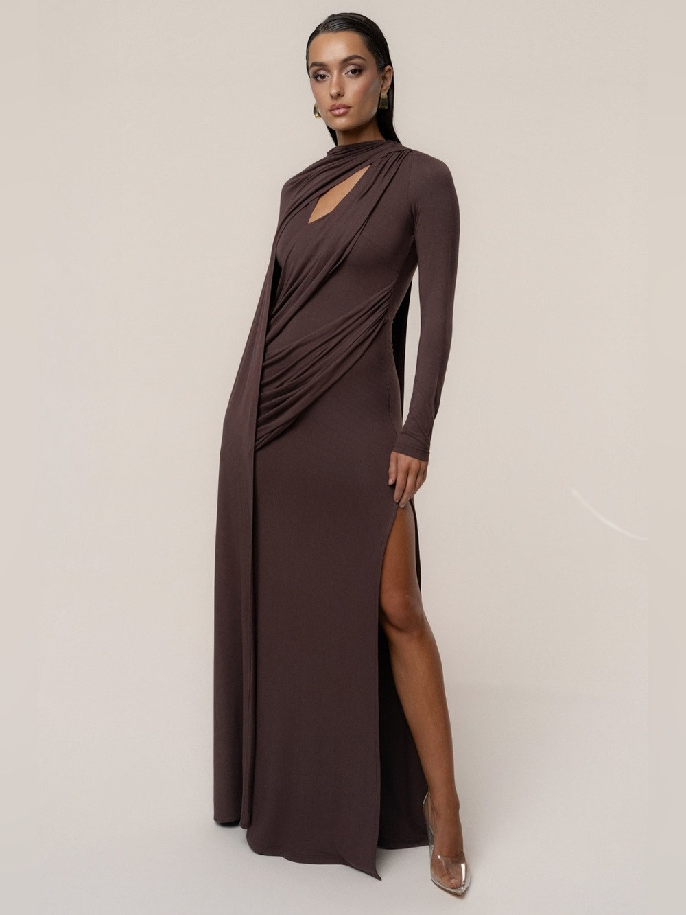 JLuxlabel Draped Elegance Cape Maxi Dress Size Small Chocolate Brown\u200e | Poshmark
