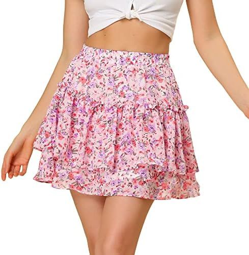 Allegra K Floral Skirt for Women's Tiered Ruffle Cute Summer Mini Skirt | Amazon (US)