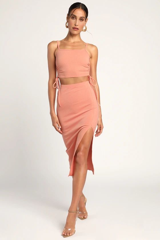 Lead by Example Coral Pink Ruched Bodycon Two Piece Midi Dress | Lulus (US)