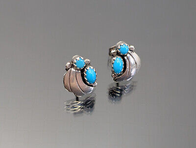 Vtg Navajo Artisan Sterling Silver Blue Turquoise Squash Blossom Post Earrings  | eBay | eBay US