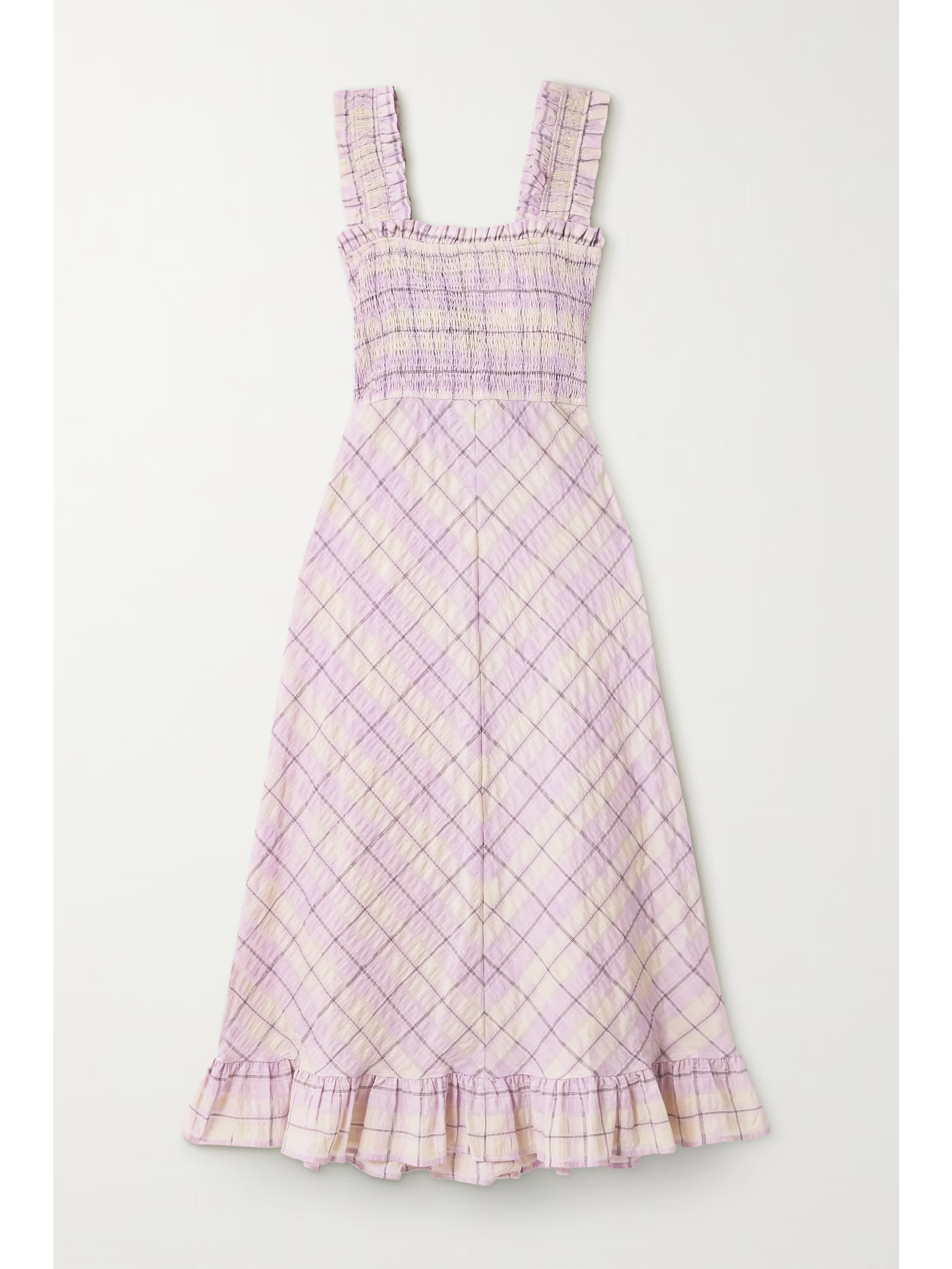 Ruffled smocked checked organic cotton-blend seersucker midi dress | NET-A-PORTER (US)