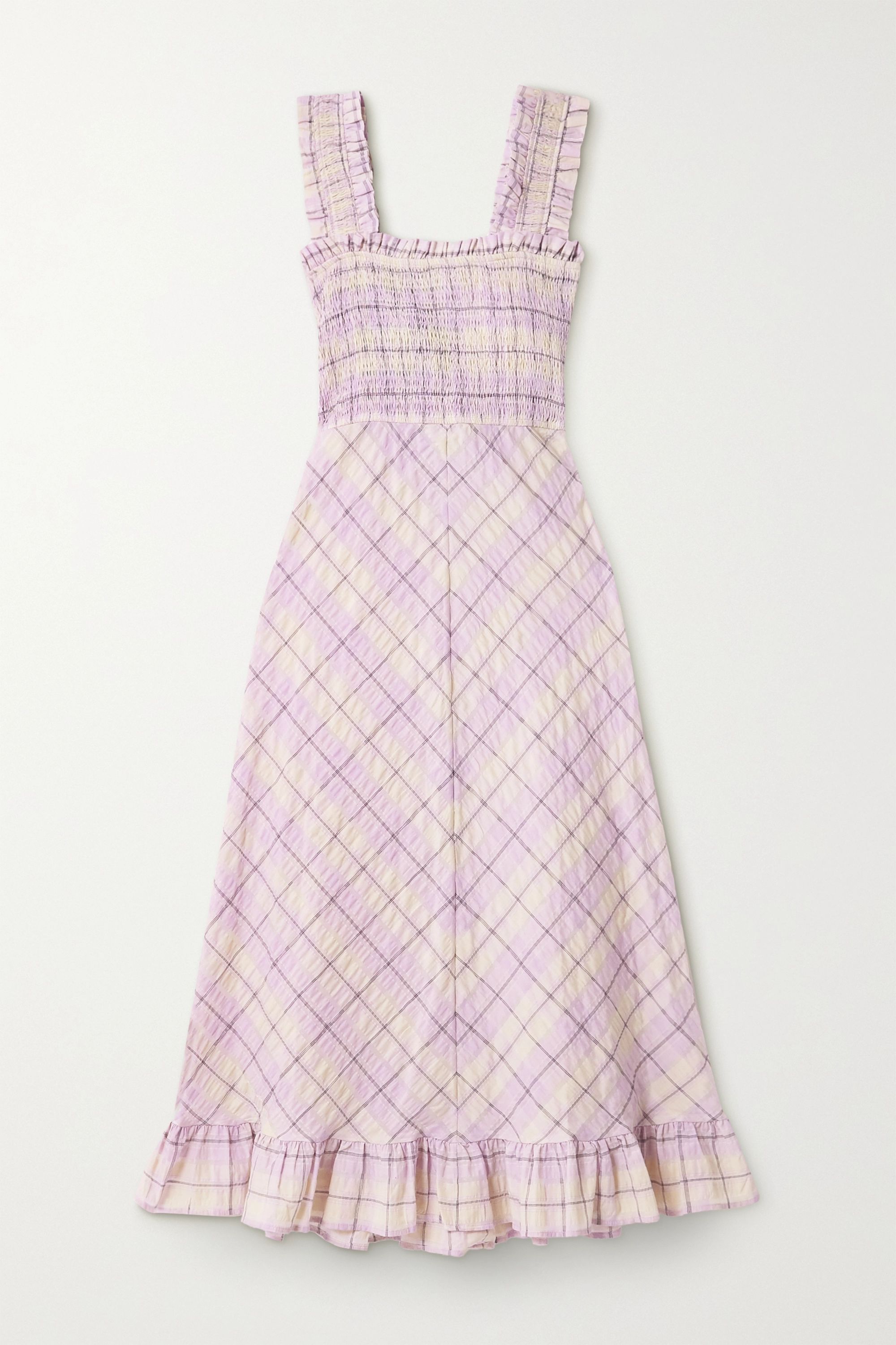 Ruffled smocked checked organic cotton-blend seersucker midi dress | NET-A-PORTER (US)