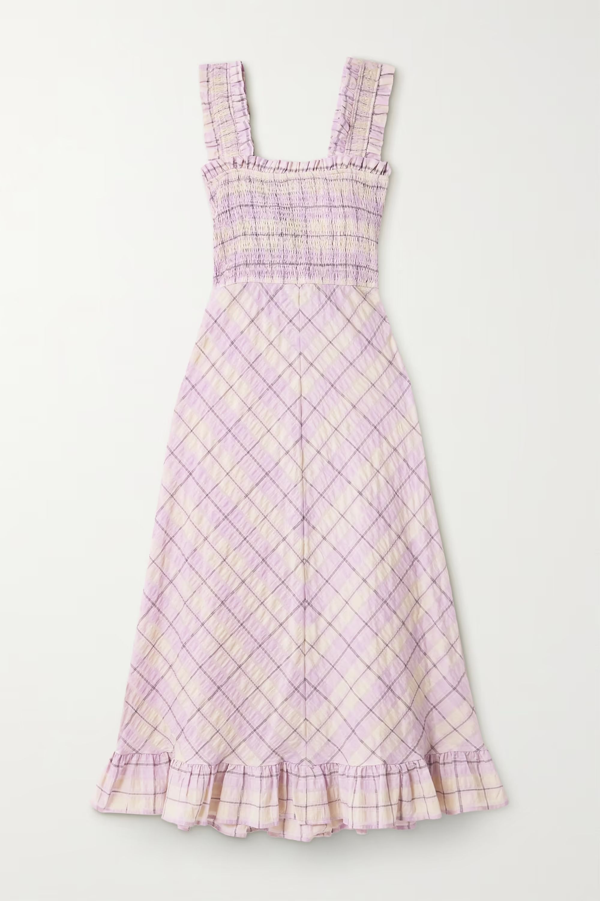 Lilac Ruffled smocked checked organic cotton-blend seersucker midi dress | GANNI | NET-A-PORTER | NET-A-PORTER (US)