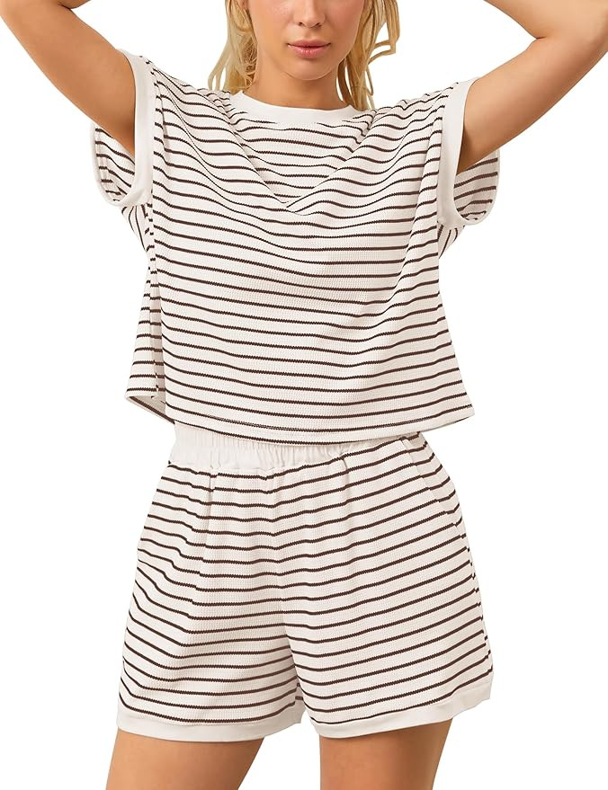 Women 2 Piece Outfits Summer Striped Lounge Sets Short Sleeve Tee Shirt High Waist Shorts Loungew... | Amazon (US)