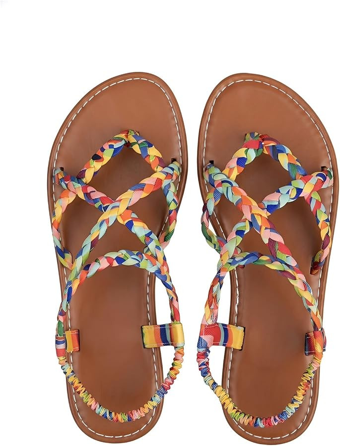 RoseSeek Women's Boho Colorful Braided Sandals Peep Toe Flat Sandals Flats Beach Vacation Shoes | Amazon (US)