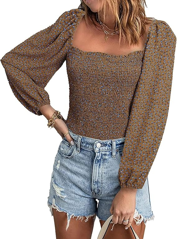 Womens Puff Long Sleeve Blouses Casual Square Neck Floral Smocked Tops Dressy Shirt | Amazon (US)