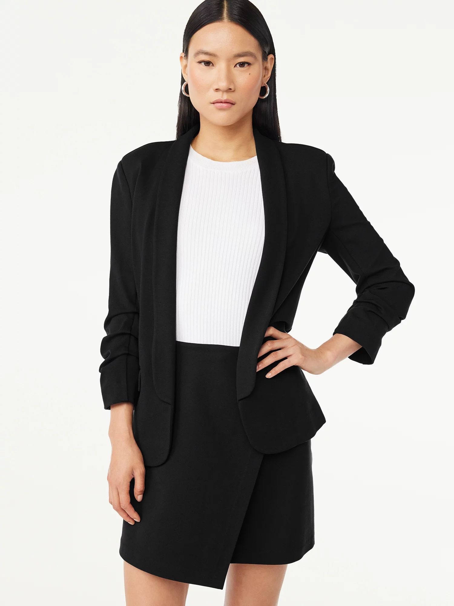 Scoop Women's Scrunch Sleeve Ponte Blazer with Shawl Collar, Sizes XS-XXL - Walmart.com | Walmart (US)