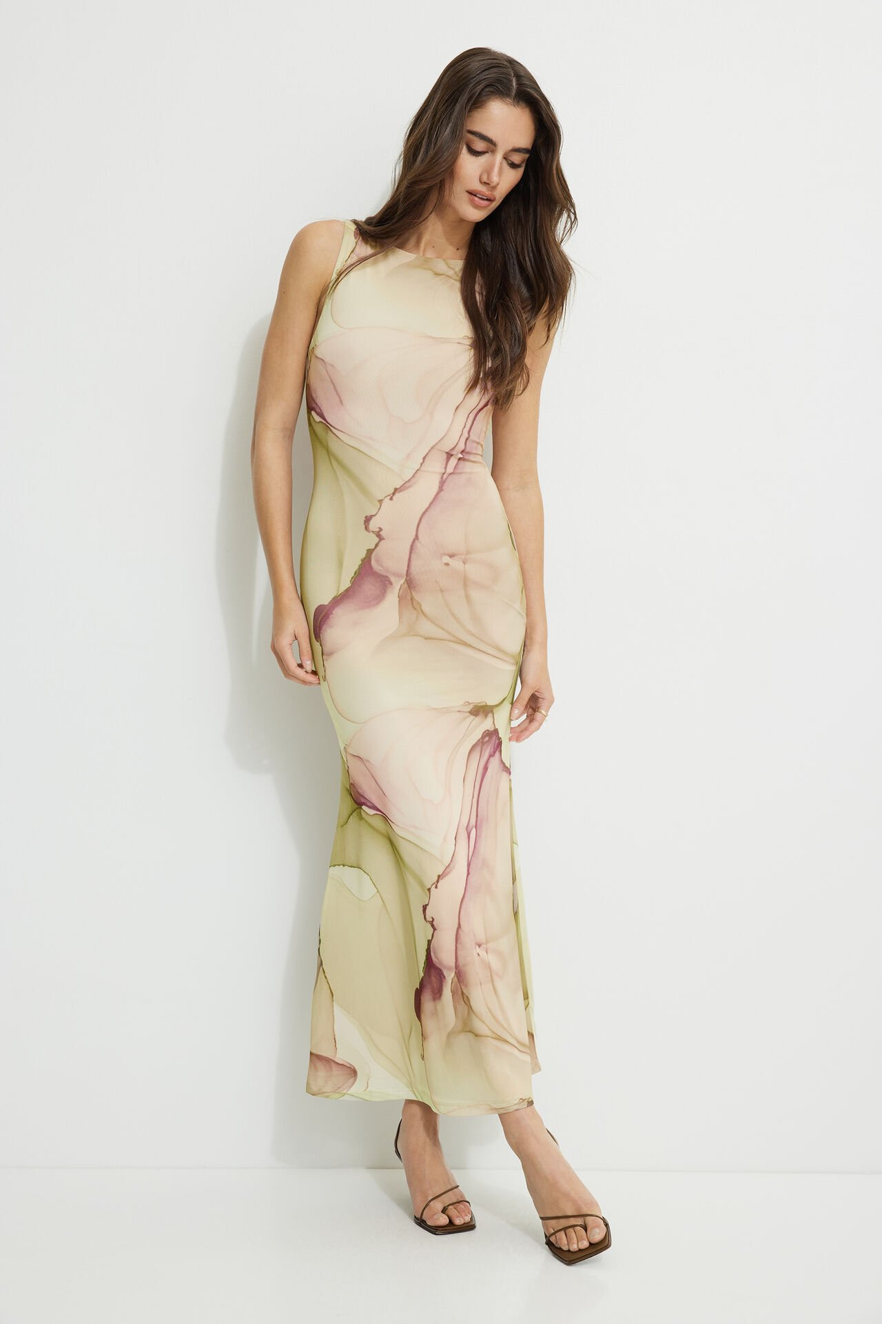 Boat Neck Mesh Maxi Dress | Dynamite Clothing