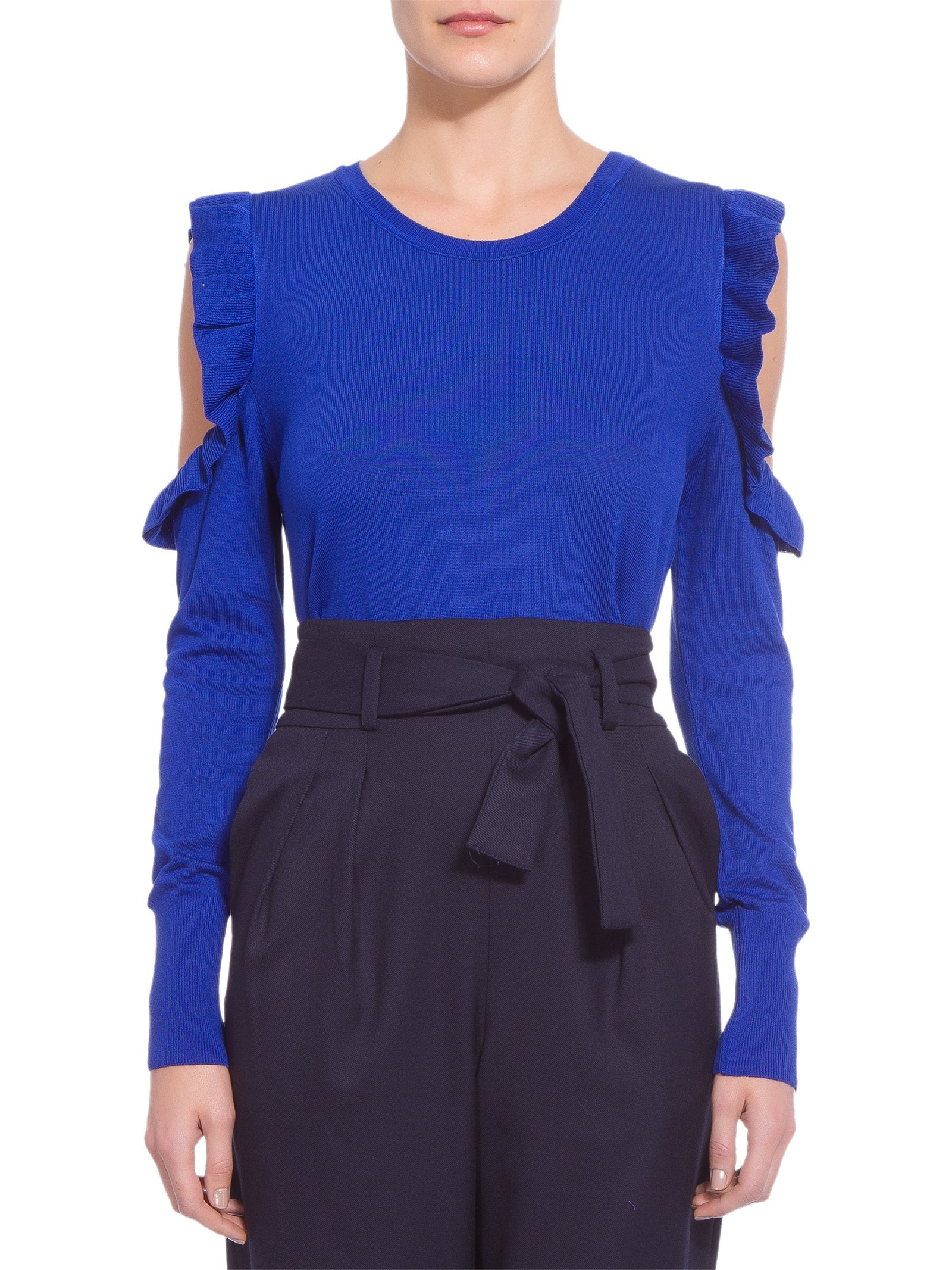 TRICOT FEMININO OMBRO VAZADO BABADO - AZUL | Shop2gether BR