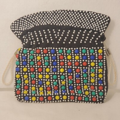 vtg 1970s plastic dot bubble bead drawstring purse bag black red yellow green | eBay US