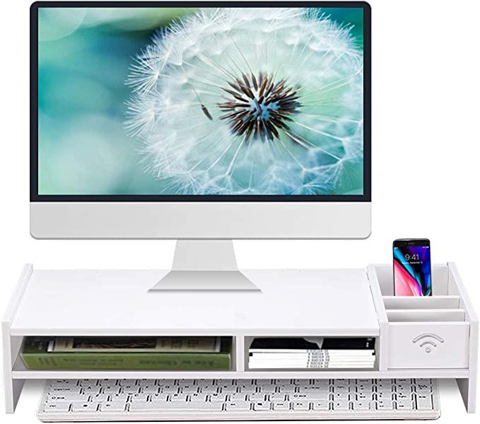 Monitor Stand Riser, Computer Laptop Riser Shelf with Organizer Drawer (White, 19"L x 8"W x 4"H) | Amazon (US)