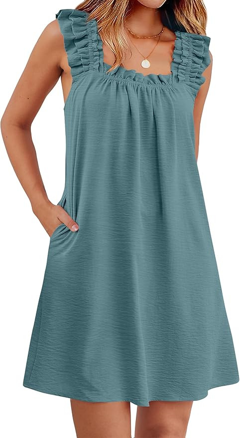 ANRABESS Short Dresses for Women, Square Neck Ruffle Strap Sleeveless,  Vacation & Travel, Versat... | Amazon (US)