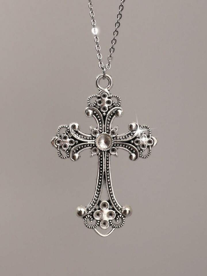 Vintage Gothic Cross Necklace Y2K Women Necklace Ins Silver Stainless Steel Chain Necklace | SHEIN